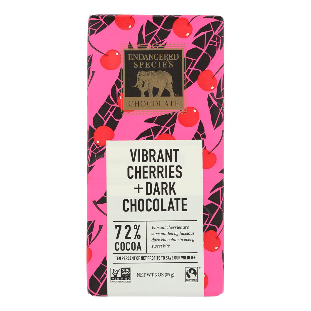 Endangered Species Natural Chocolate Bars - Dark Chocolate - 72 Percent Cocoa - Cherries - 3 Oz Bars - Case Of 12